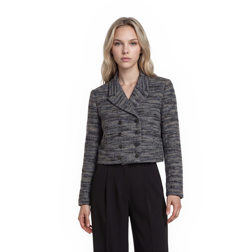 Cabi Tweed Blazer Women's Size Medium Blue Grey Double Breasted Cropped Jacket